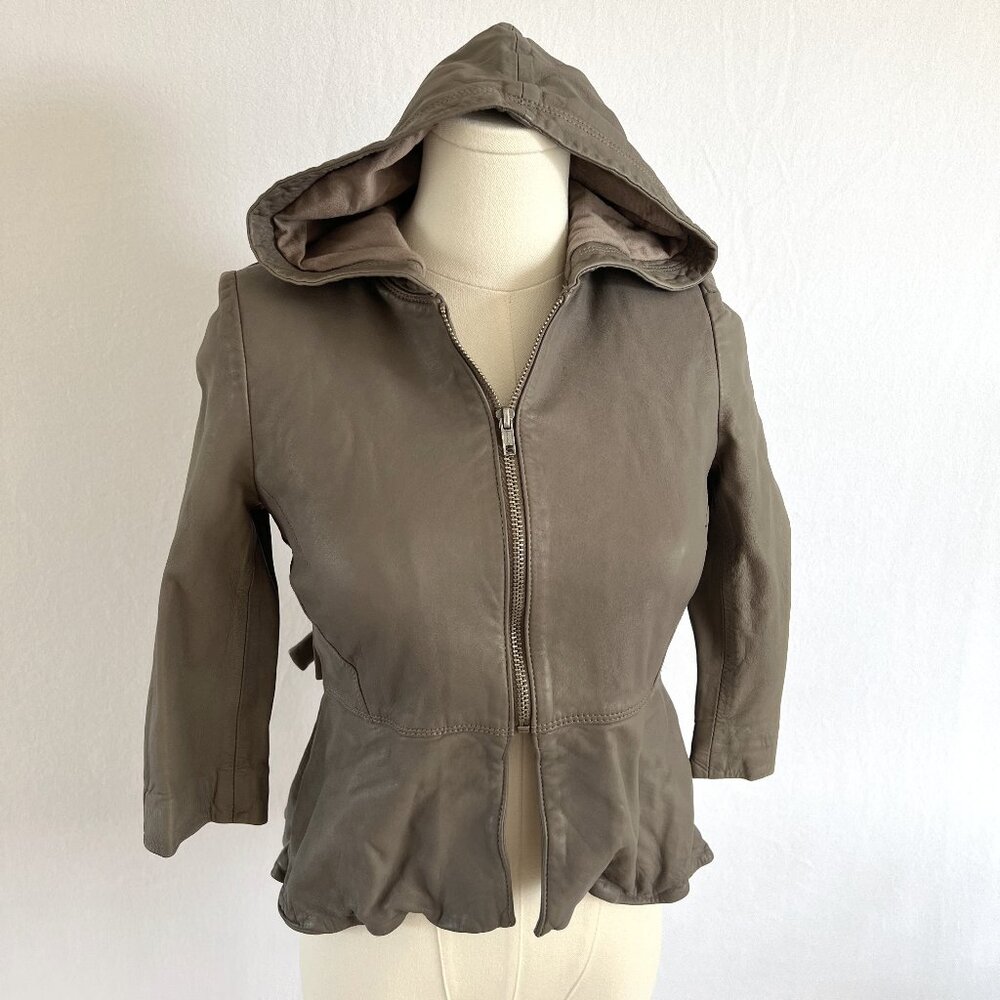 Bird by Juicy Couture Grey Leather Jacket – Hooded, Peplum Hem, Sz Small